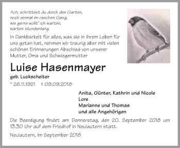 Traueranzeige von Luise Hasenmayer 