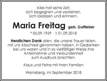 Traueranzeige von Maria Freitag 