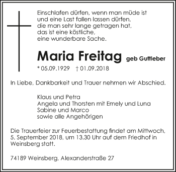 Traueranzeige von Maria Freitag 