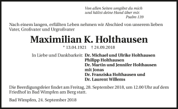 Traueranzeige von Maximilian K. Holthausen 