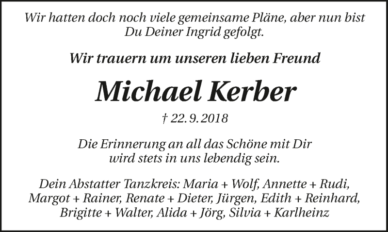  Traueranzeige für Michael Kerber vom 26.09.2018 aus 