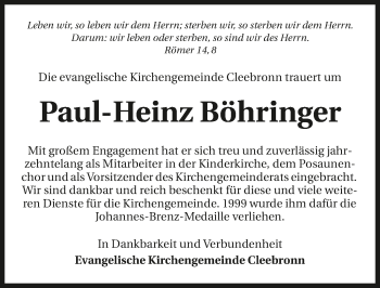 Traueranzeige von Paul-Heinz Böhringer 