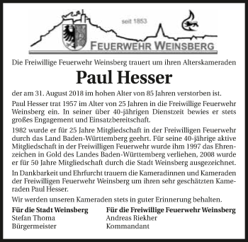 Traueranzeige von Paul Hesser 