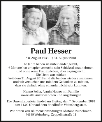 Traueranzeige von Paul Hesser 