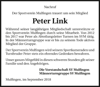 Traueranzeige von Peter Link 