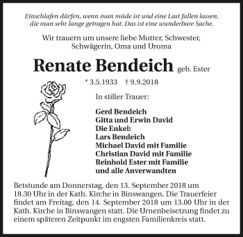 Traueranzeige von Renate Bendeich 