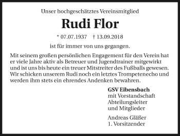 Traueranzeige von Rudolf Flor 
