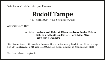 Traueranzeige von Rudolf Tampe 