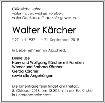 Traueranzeige von Walter Kärcher 