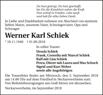 Traueranzeige von Werner Karl Schiek 