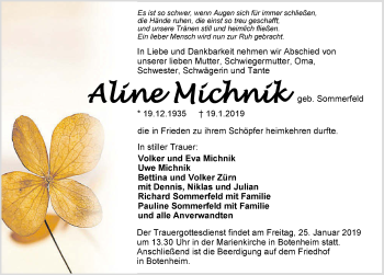 Traueranzeige von Aline Michnik 