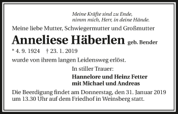 Traueranzeige von Anneliese Häberlen 