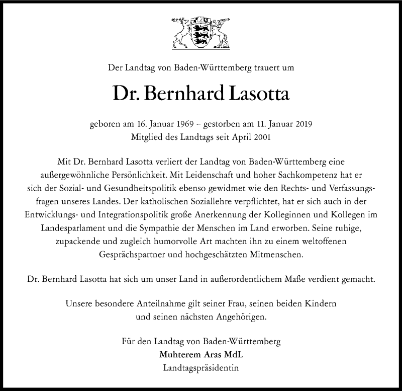  Traueranzeige für Bernhard Lasotta vom 16.01.2019 aus 