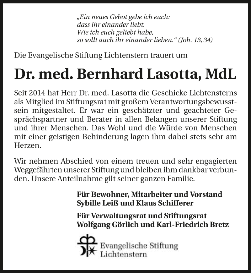  Traueranzeige für Bernhard Lasotta vom 16.01.2019 aus 