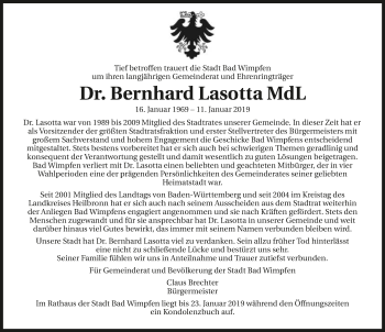 Traueranzeige von Bernhard Lasotta 