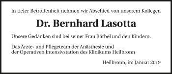 Traueranzeige von Bernhard Lasotta 