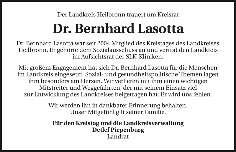  Traueranzeige für Bernhard Lasotta vom 16.01.2019 aus 