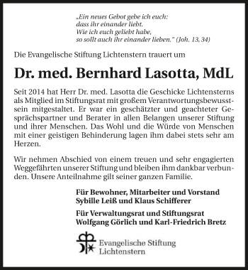 Traueranzeige von Bernhard Lasotta 