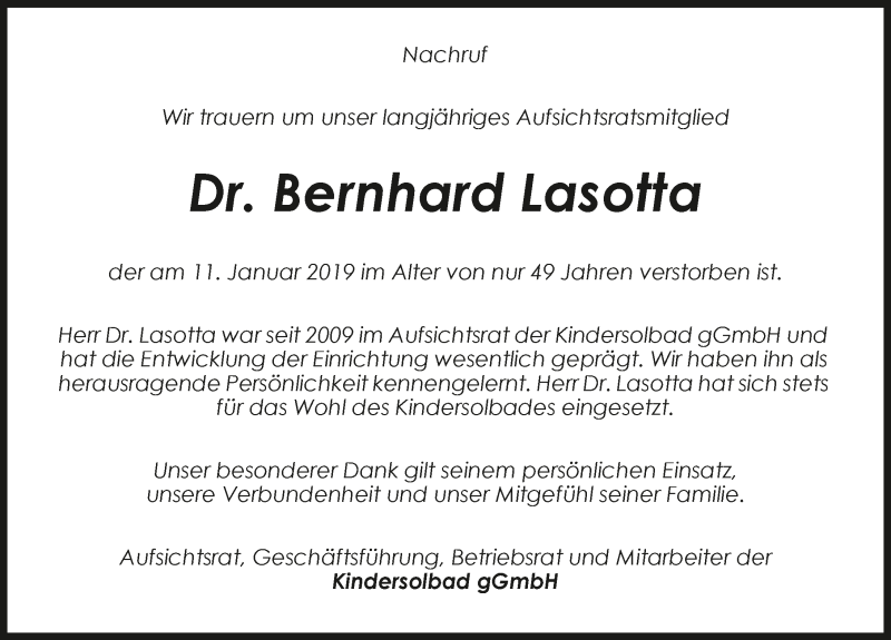  Traueranzeige für Bernhard Lasotta vom 16.01.2019 aus 