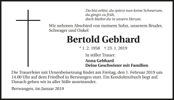 Traueranzeige von Bertold Gebhard 