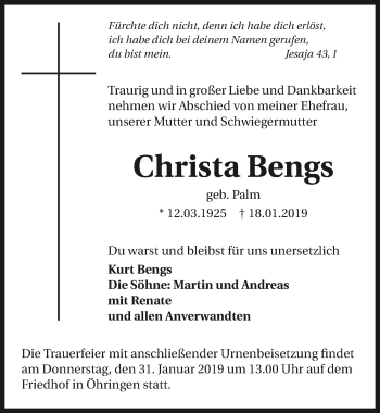 Traueranzeige von Christa Bengs 