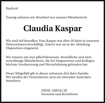 Traueranzeige von Claudia Kaspar 