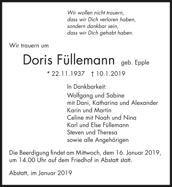 Traueranzeige von Doris Füllemann 