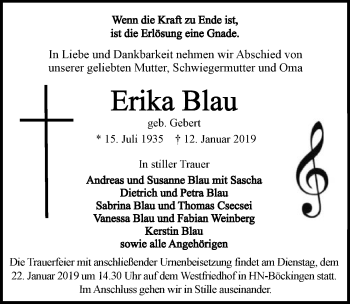 Traueranzeige von Erika Blau 