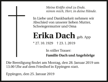 Traueranzeige von Erika Dach 