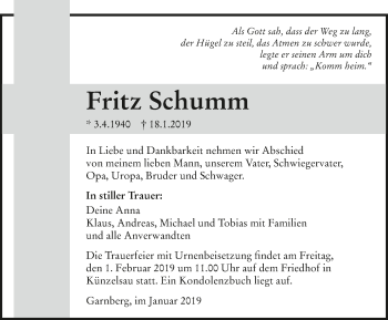 Traueranzeige von Fritz Schumm 