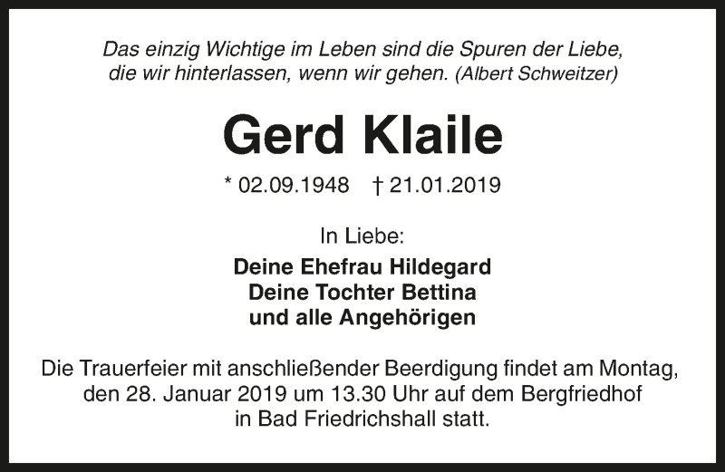  Traueranzeige für Gerd Klaile vom 24.01.2019 aus 