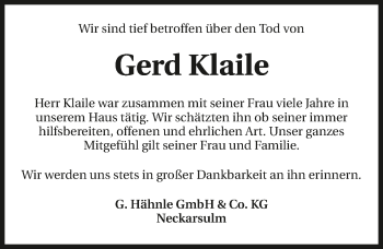 Traueranzeige von Gerd Klaile 