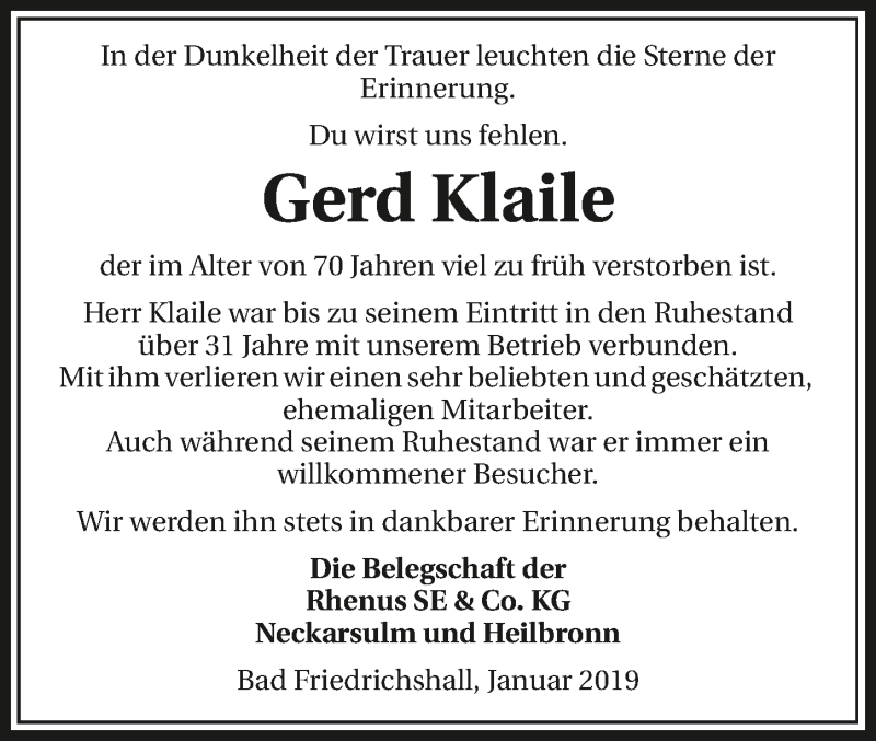  Traueranzeige für Gerd Klaile vom 25.01.2019 aus 
