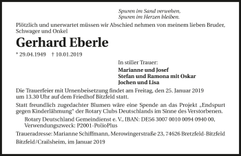 Traueranzeige von Gerhard Eberle 