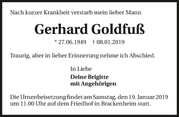Traueranzeige von Gerhard Goldfuß 