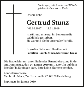 Traueranzeige von Gertrud Stunz 