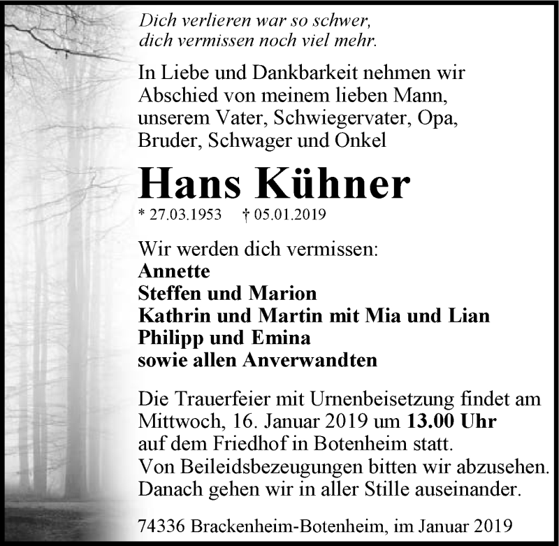  Traueranzeige für Hans Kühner vom 12.01.2019 aus 