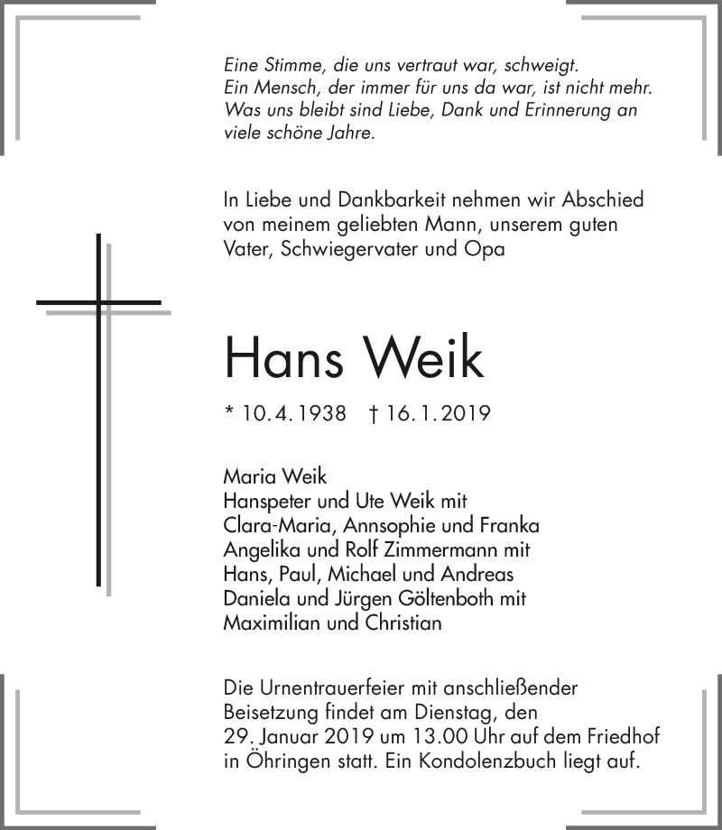  Traueranzeige für Hans Weik vom 25.01.2019 aus 