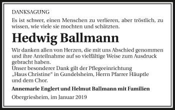 Traueranzeige von Hedwig Ballmann 