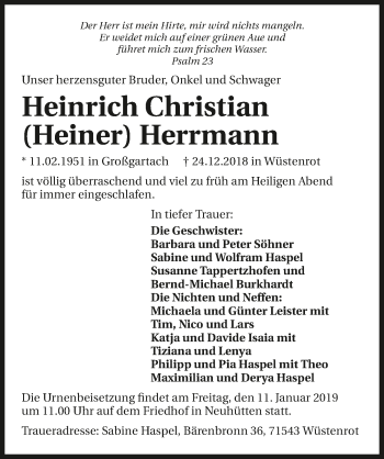Traueranzeige von Heinrich Christian Herrmann 