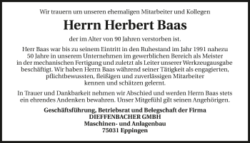 Traueranzeige von Herbert Baas 