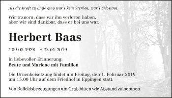 Traueranzeige von Herbert Baas 