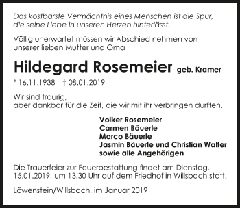 Traueranzeige von Hildegard Rosemeier 