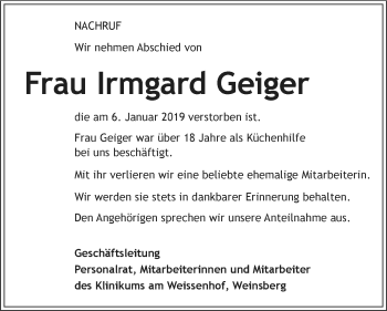 Traueranzeige von Irmgard Geiger 