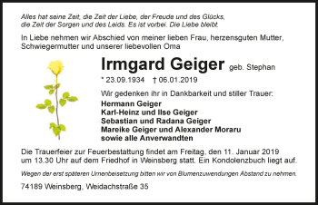 Traueranzeige von Irmgard Geiger 