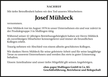 Traueranzeige von Josef Mühleck 