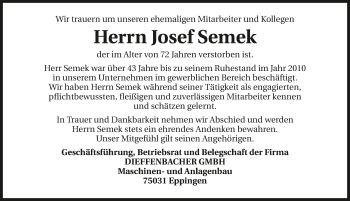 Traueranzeige von Josef Semek 