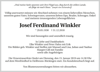 Traueranzeige von Josef Ferdinand Winkler 