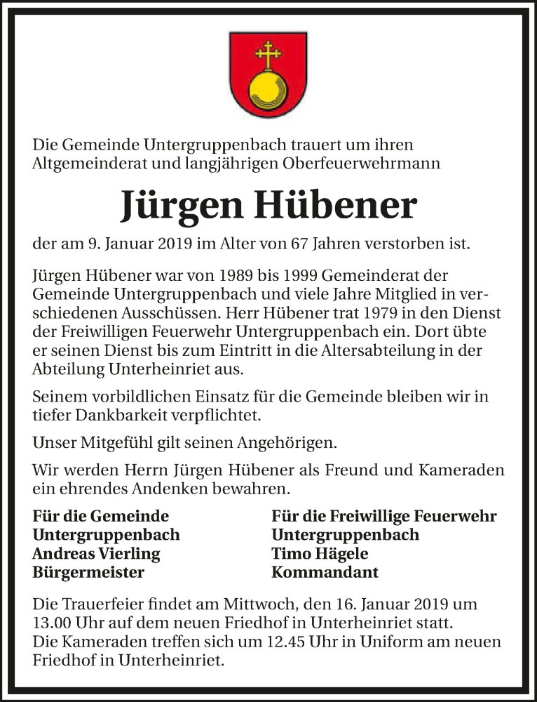  Traueranzeige für Jürgen Hübener vom 12.01.2019 aus 