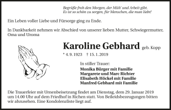 Traueranzeige von Karoline Gebhard 